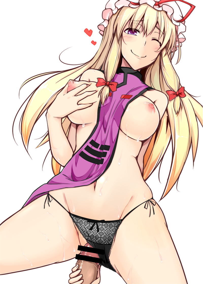 ;) bar_censor black_panties blonde_hair blush bow bow_panties breasts censored closed_mouth commentary_request cowboy_shot female from_below groin guided_penetration hairbow hat hat_ribbon heart jajao large_breasts long_hair looking_at_viewer looking_down mob_cap naked_tabard navel nipples one_eye_closed outercourse panties panties_aside penis prodding puffy_nipples purple_eyes red_bow red_ribbon ribbon self_fondle side-tie_panties sidelocks smile solo_focus spread_legs stomach straight sweat tabard touhou trigram underwear white_background yukari_yakumo