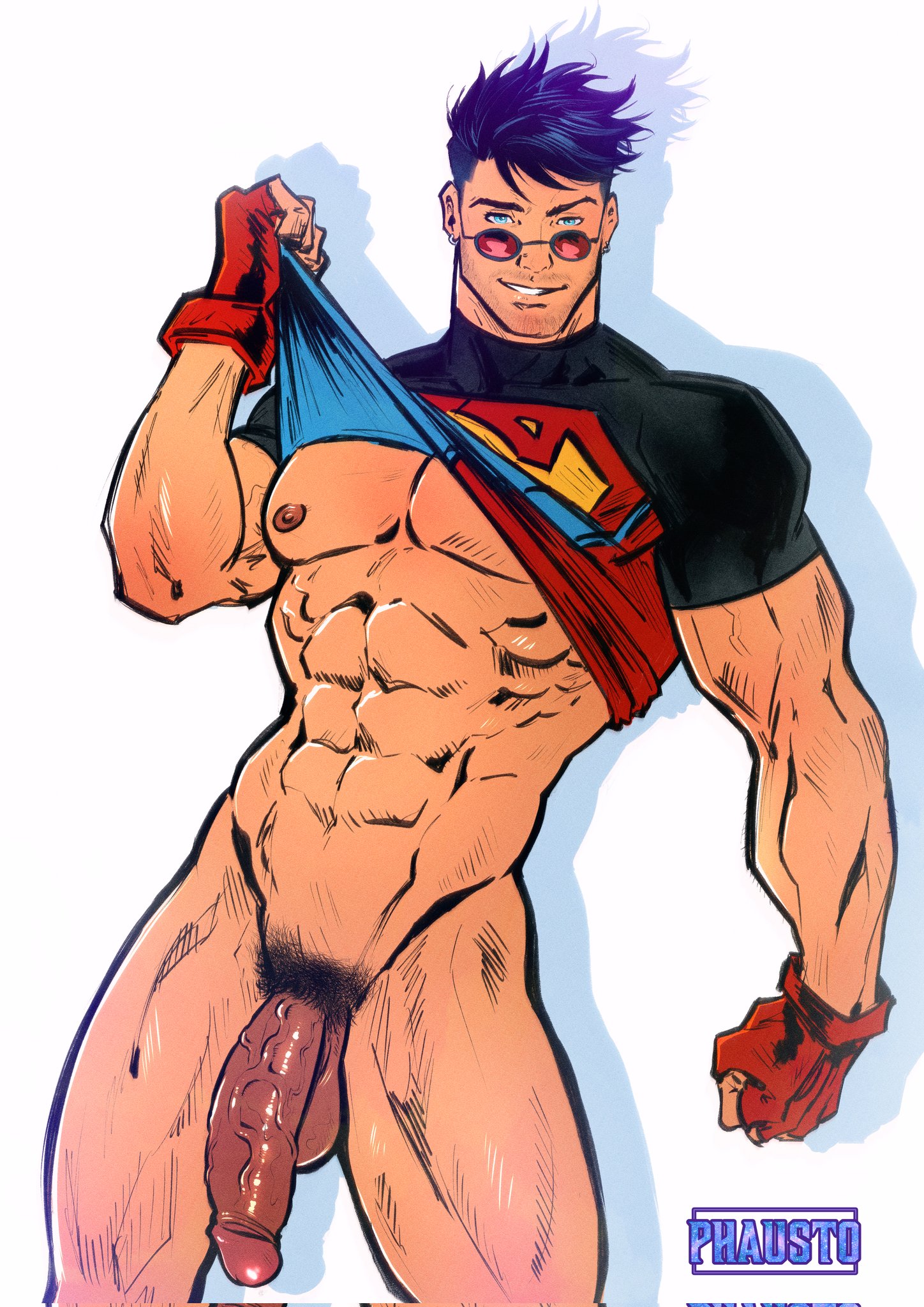 1boy, abs, balls, big cock, big penis, bottomless, conner kent, dc, dc comics, ear piercing, earrings, eyewear, flaccid, flaccid penis, foreskin, fully retracted foreskin, hair, huge cock, kon-el, looking at viewer, male, male only, muscles, muscular, muscular male, nipples, pecs, penis, phausto, pubes, pubic hair, purple hair, retracted foreskin, shirt lift, smiling at viewer, smooth chest, smooth skin, sunglasses, superboy, superboy (conner kent), superhero, superman (series), thick thighs, uncircumcised, veiny penis