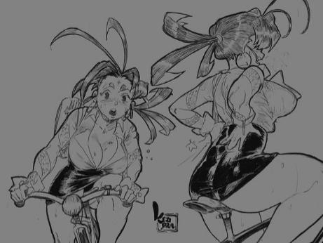 bicycle boobs cramp earrings garlic_(keziedra) keziedra sketch small_skirt sweatdrop thick_thighs