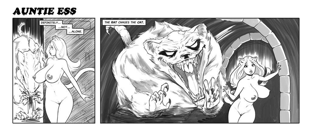 anthro big_breasts breasts comic duo english_text feline female feral huge_breasts male mammal monochrome nude open_mouth pussy rat rodent teeth text wide_hips zaftigbunnypress