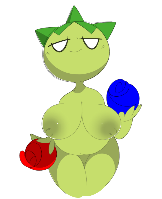 1girls anthro areolae belly breasts chubby female flora_fauna flower green_skin half-closed_eyes large_breasts looking_at_viewer nintendo nipples nude plant pokemon robbonp roselia simple_background smile solo standing video_games white_background white_eyes