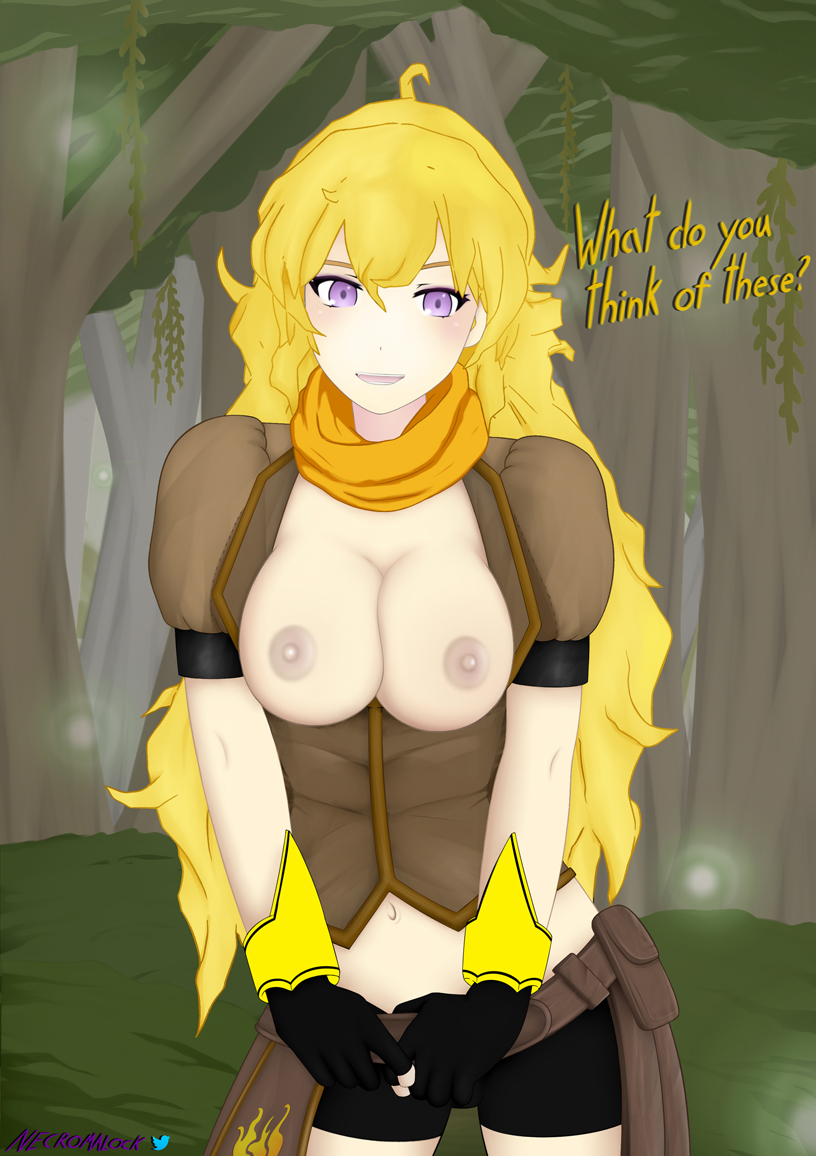 breasts, clothed, dialogue, female, forest, looking at viewer, necromalock, outdoors, pov, presenting, purple eyes, rwby, squeeze, stripping, tagme, talking to viewer, tease, yang xiao long, yellow hair