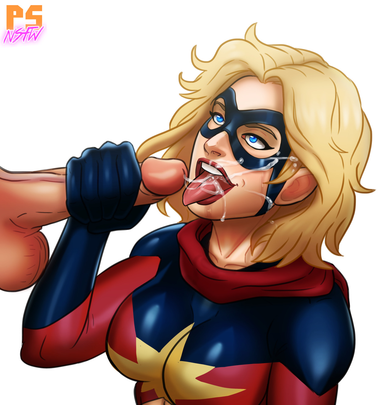 1boy, 1girls, balls, black gloves, blonde hair, blue eyes, bodysuit, breasts, carol danvers, covered breasts, cum, cum on body, cum on clothes, cum on tongue, cum on upper body, faceless male, facial, female, gloved handjob, gloves, hand on penis, handjob, handjob with gloves, holding penis, large breasts, light skin, light-skinned male, lips, long hair, male, marvel, marvel classic era, marvel comics, mask, ms. marvel, ms. marvel (carol danvers), ms. marvel (original costume), open mouth, penis, pumpkinsinclair, teeth, testicles, tongue, tongue out, touching penis