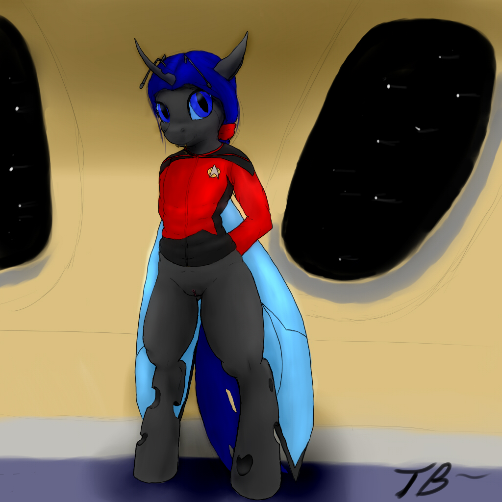 1girls anthro bottomless changeling clothed clothing equine fan_character female female_only looking_at_viewer mammal my_little_pony pussy solo solo_female space star_trek starfleet_insignia starfleet_uniform terabyte_(artist) terabyte_(character) vulva window wings