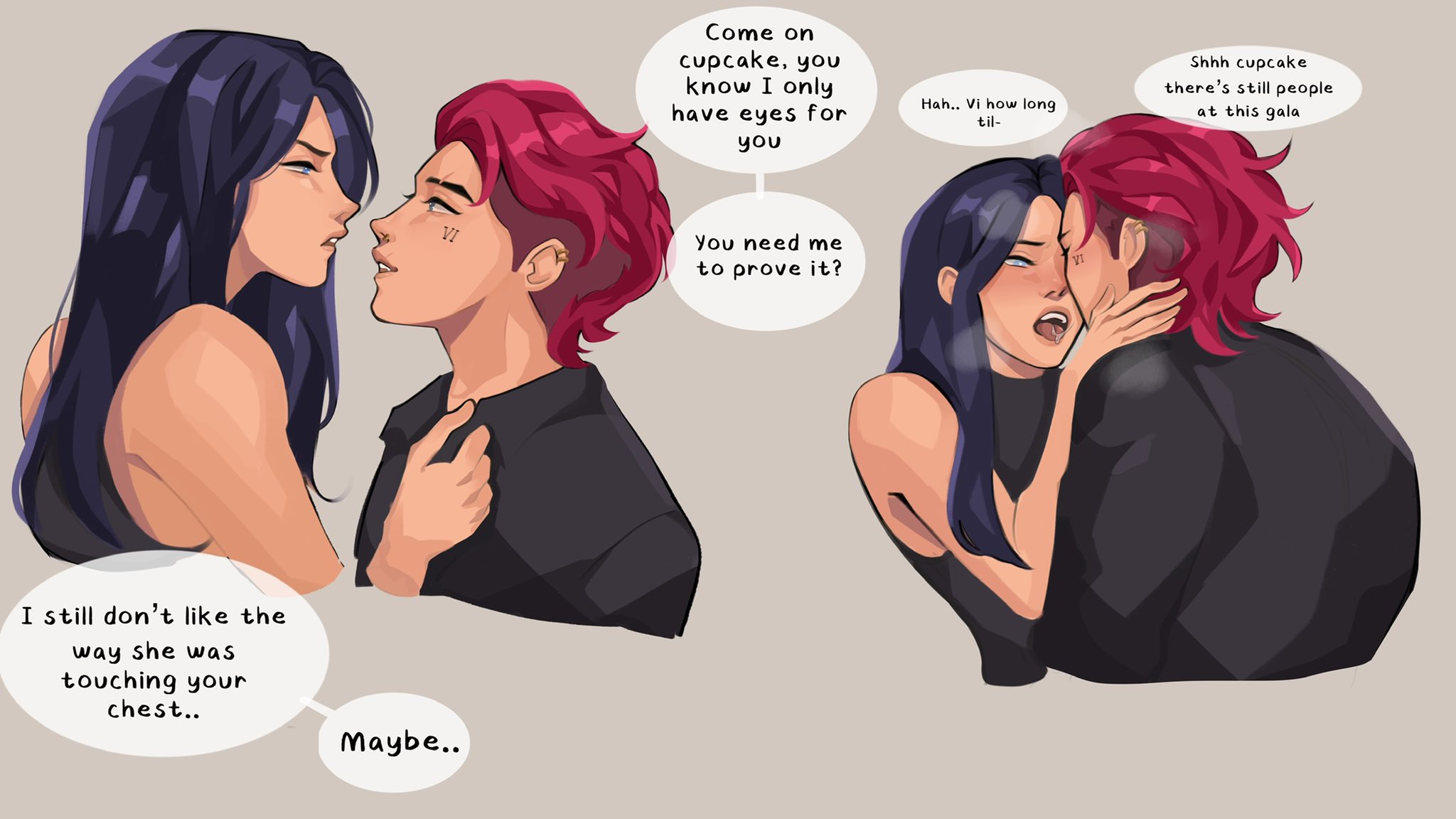 2girls, annoyed, arcane, arcane caitlyn, arcane vi, arms up, blue hair, bodysuit, breasts, butch, caitlyn kiramman, cleavage, comic, dialogue, dress, female, kissing, league of legends, lesbeanlatte, long hair, medium breasts, necklace, pink hair, saliva, saliva string, sapphyxiate, short hair, tied hands, vi, yuri