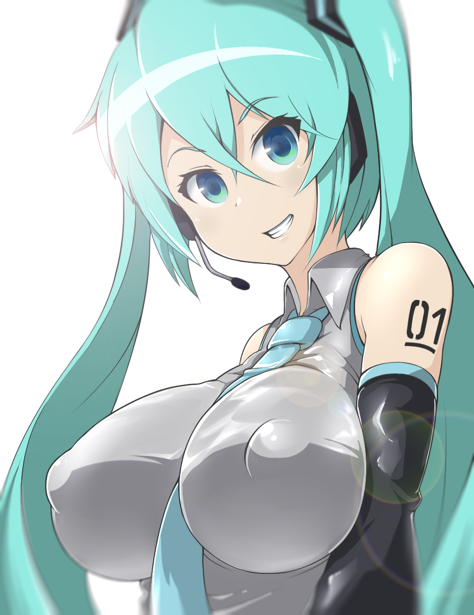 1girl, aqua eyes, aqua hair, bare shoulders, between breasts, big breasts, blue eyes, breasts, covered nipples, detached sleeves, erect nipples, female, female only, grin, hatsune miku, hatsune miku (original), headset, impossible clothes, large breasts, long hair, looking at viewer, necktie, necktie between breasts, nipples, simple background, sinensian, smile, solo, twintails, upper body, vocaloid, white background