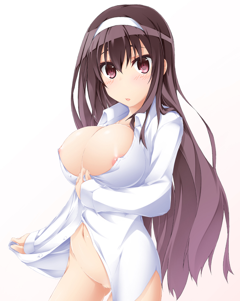 areola_slip areolae blush breasts dress_shirt erect_nipples female hairband hinata_masaki kasumigaoka_utaha large_breasts long_hair looking_at_viewer naked_shirt navel nipples no_nose open_mouth purple_eyes pussy red_eyes saenai_heroine_no_sodatekata shirt skindentation solo upper_body very_long_hair