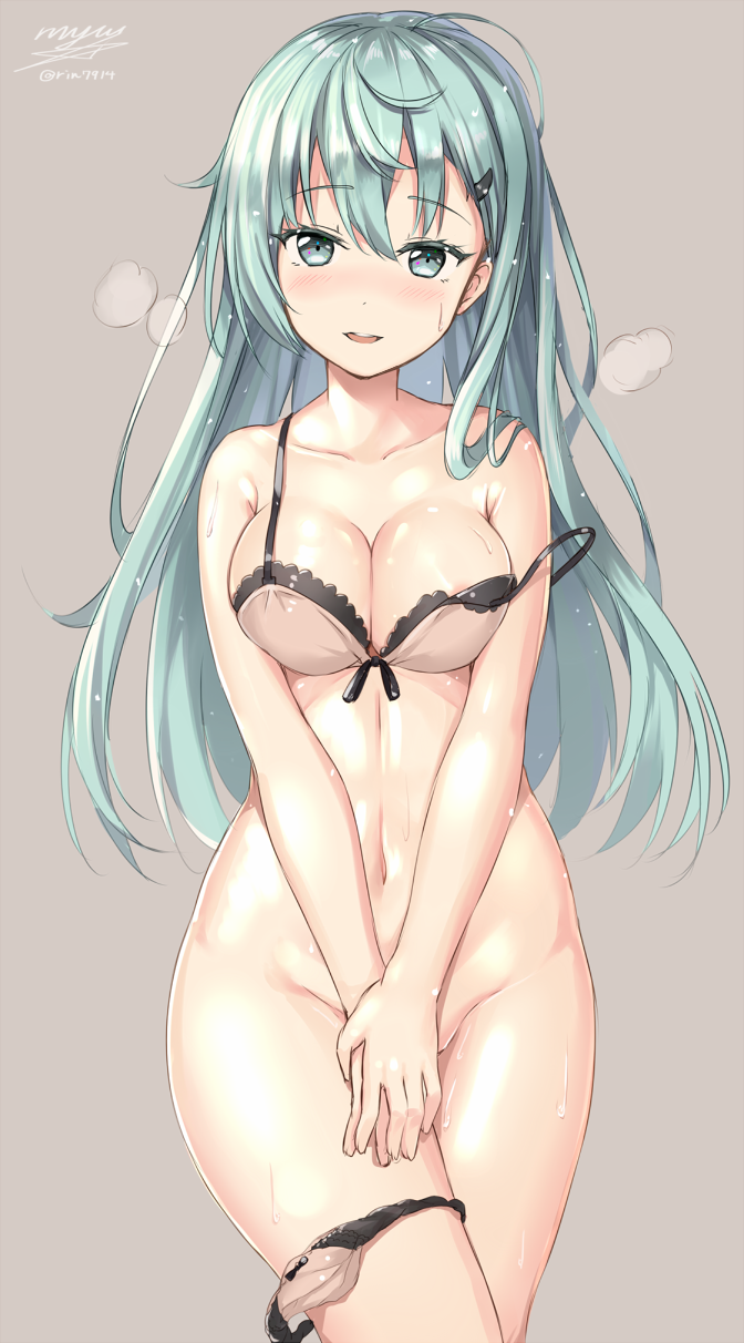 aqua_eyes aqua_hair bare_shoulders blush bow bow_bra bow_panties bra breasts cleavage collarbone covering covering_crotch eyebrows eyebrows_visible_through_hair female hair_ornament hairclip highres kantai_collection lace lace-trimmed_bra lace-trimmed_panties long_hair looking_at_viewer medium_breasts navel off_shoulder open_mouth panties panties_around_leg pink_bra pink_panties rin_yuu simple_background smile solo standing strap_slip suzuya_(kantai_collection) sweat underwear underwear_only v_arms