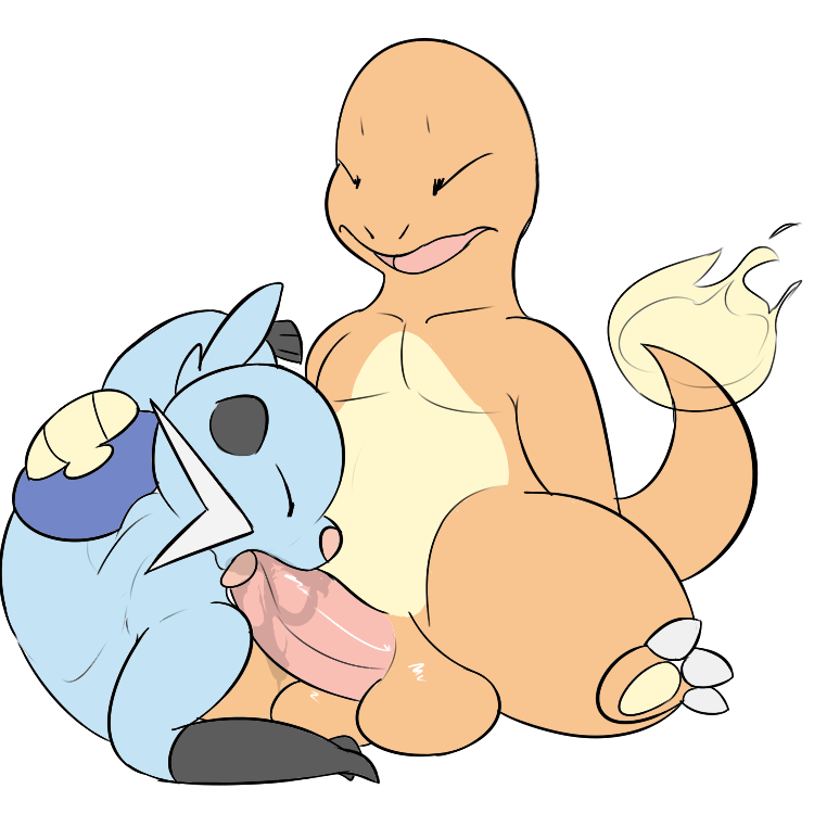 2016 ambiguous_gender balls charmander dewott erection fellatio furry nintendo oral pcred566 penis pokémon_(species) pokemon pokemon_(species) pokephilia saliva scalie sex simple_background video_games