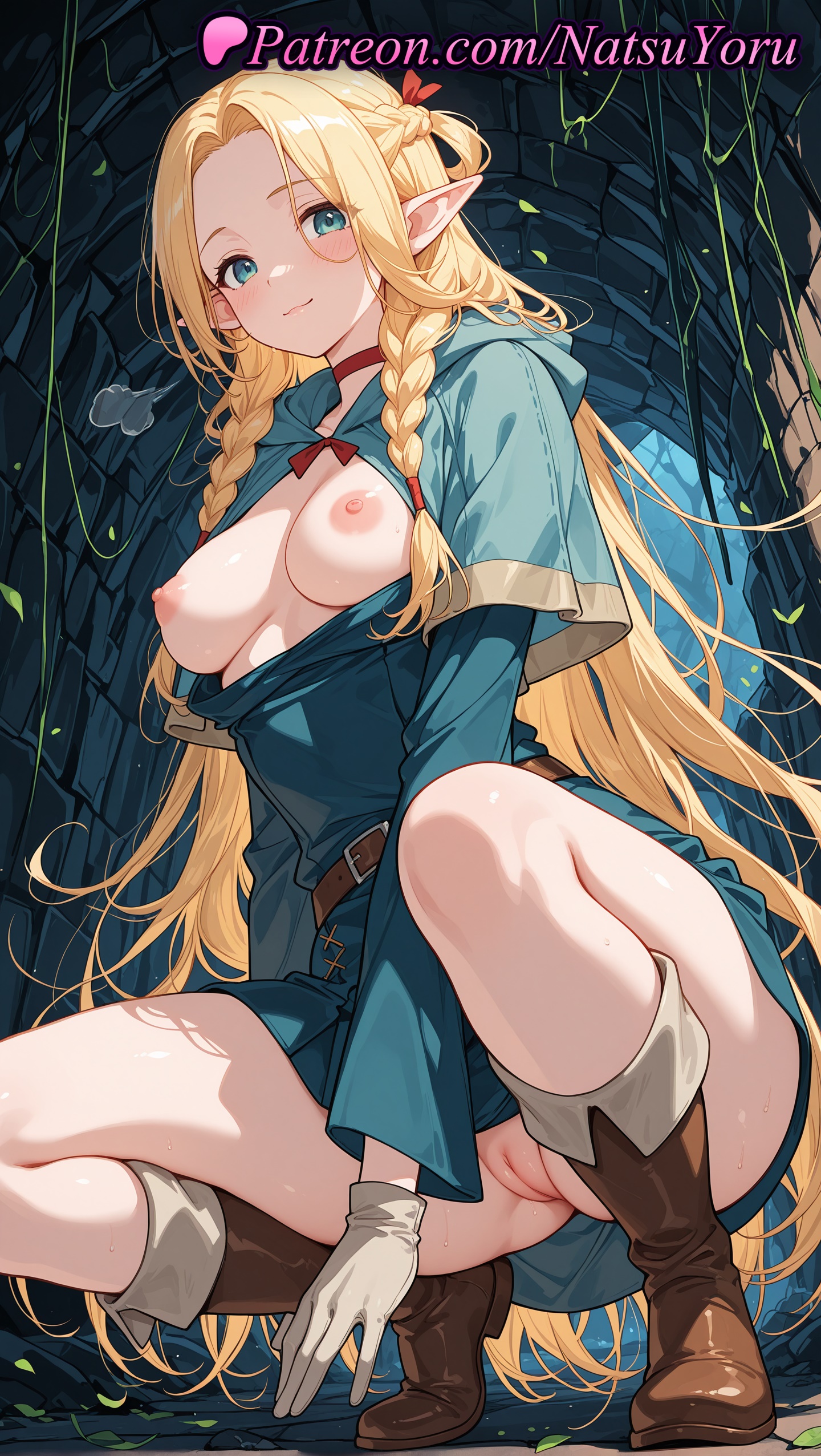 1girls, 2025, ai generated, belt, blonde hair, blue eyes, blush, boots, braid, breasts, breasts out, brown footwear, capelet, choker, dress, dungeon meshi, elf, elf ears, female, female only, gloves, green eyes, hi res, highres, long hair, long sleeves, looking at viewer, marcille donato, medium breasts, natsuyoru, nipples, no panties, patreon, pointed ears, pointy ears, pussy, smile, solo, squatting, twin braids, uncensored, vagina, voluptuous, voluptuous female, white gloves