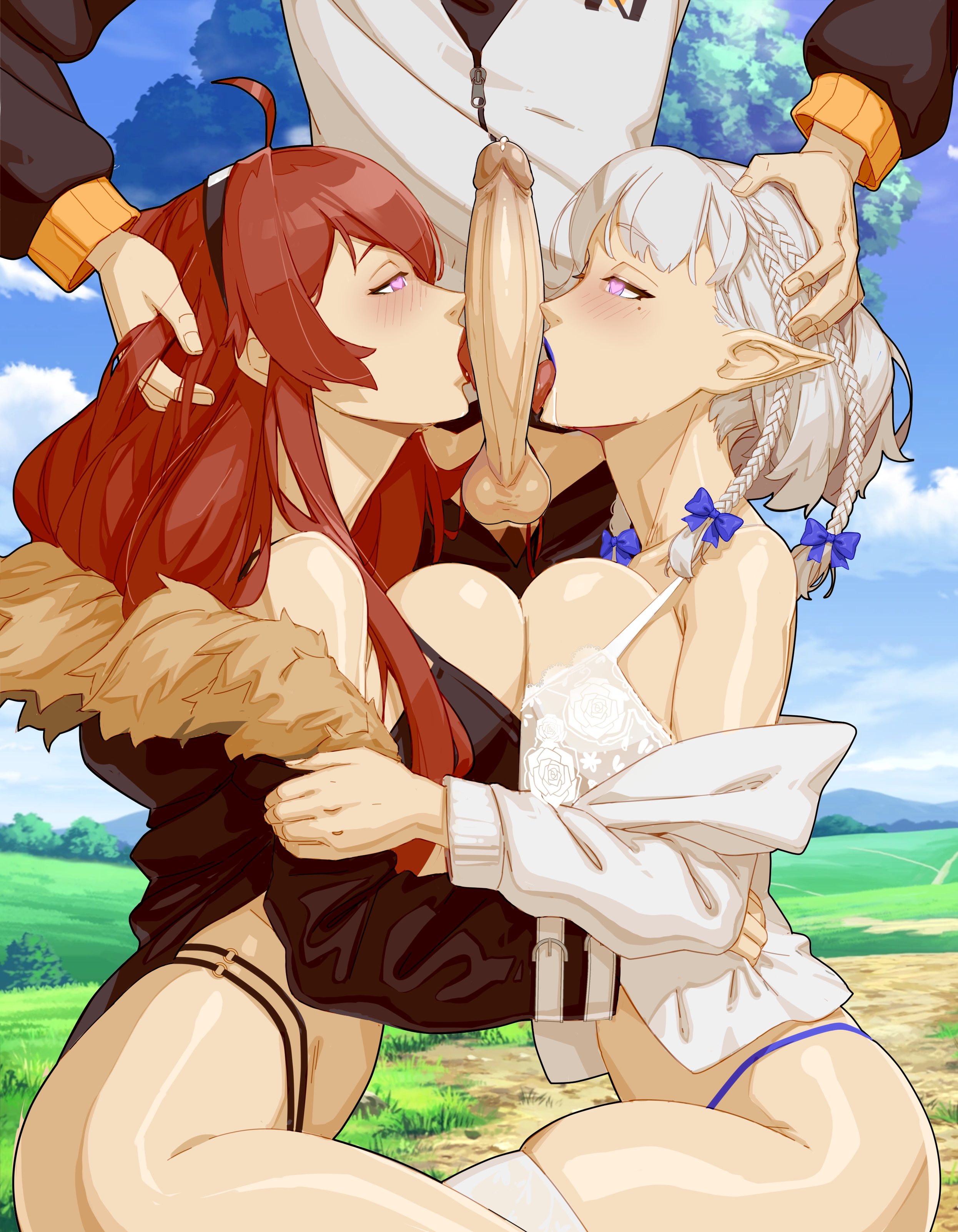 1boy, 2girls, absurdres, ahoge, beta (kagejitsu), beta (the eminence in shadow), black bra, black hairband, black thong, blue eyes, blue lips, blush, bra, braid, braided sidelock, breast press, breasts, commission, commissioner upload, cooperative fellatio, crossover, cum, cum on body, drooling, elf, english commentary, erection, eris greyrat, exhibitionism, facial, fellatio, ffm threesome, fur trim, fur-trimmed jacket, group sex, hair between eyes, hairband, hand on another's head, heart, heart-shaped pupils, highres, jacket, kage no jitsuryokusha ni naritakute!, kneeling, large breasts, large penis, licking, licking penis, lingerie, long hair, looking at penis, materclaws, mole, mole under eye, multiple girls, mushoku tensei, natsuki subaru, off shoulder, official alternate costume, open mouth, oral, outdoors, penis, pointy ears, precum, public indecency, re:zero kara hajimeru isekai seikatsu, red eyes, red hair, red lips, second-party source, shirt, short hair, side braids, symbol-shaped pupils, teamwork (sexual), testicles, the eminence in shadow, thighhighs, thong, threesome, tongue, tongue out, underwear, veins, veiny penis, white bra, white hair, white shirt, white thighhighs