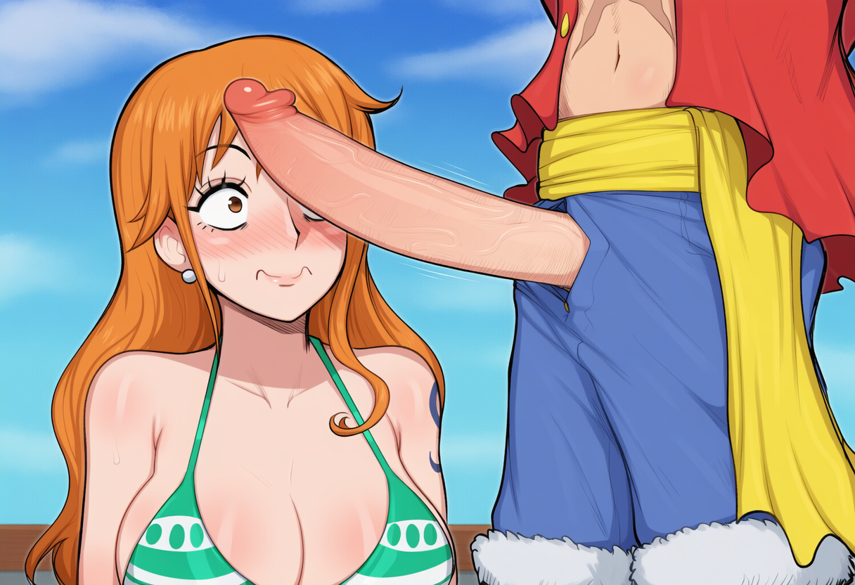 1boy, 1girls, ai generated, arm tattoo, big penis, blue tattoo, cock, cock hungry, cock shock, cock worship, female, huge cock, male, monkey d luffy, nami (one piece), one piece, orange hair, orange-haired female, penis, tattoo