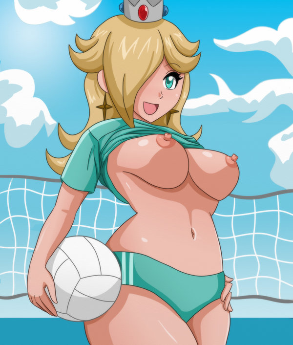 1girls, areolae, big breasts, blonde hair, blue eyes, breasts, busty, crown, erect nipples, female, female only, hair over eye, huge breasts, mario (series), navel, nintendo, nipples, open mouth, outdoors, princess rosalina, shablagooo, shirt, shirt lift, sky, smile, solo, standing, tongue, volleyball, volleyball (ball)