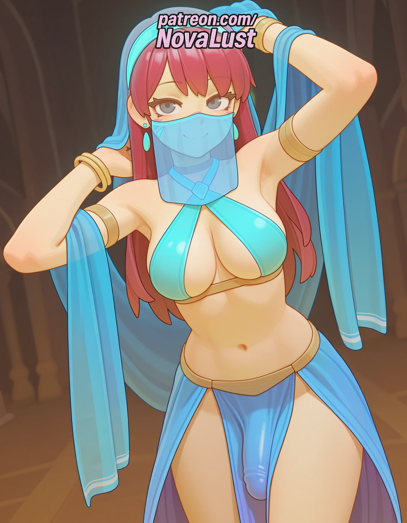 1futa, 2026, ai generated, artist name, average breasts, blue hairband, bracelet, breasts, bust, chest, dancer, earrings, futanari, hi res, high quality, high resolution, highres, jewelry, long hair, medium breasts, mouth veil, navel, normal breasts, novalust, patreon, patreon username, pelvic curtain, qyu, qyuwi, qyuwi ai, see-through, solo, stable diffusion, veil, virtual youtuber, vtuber, watermark