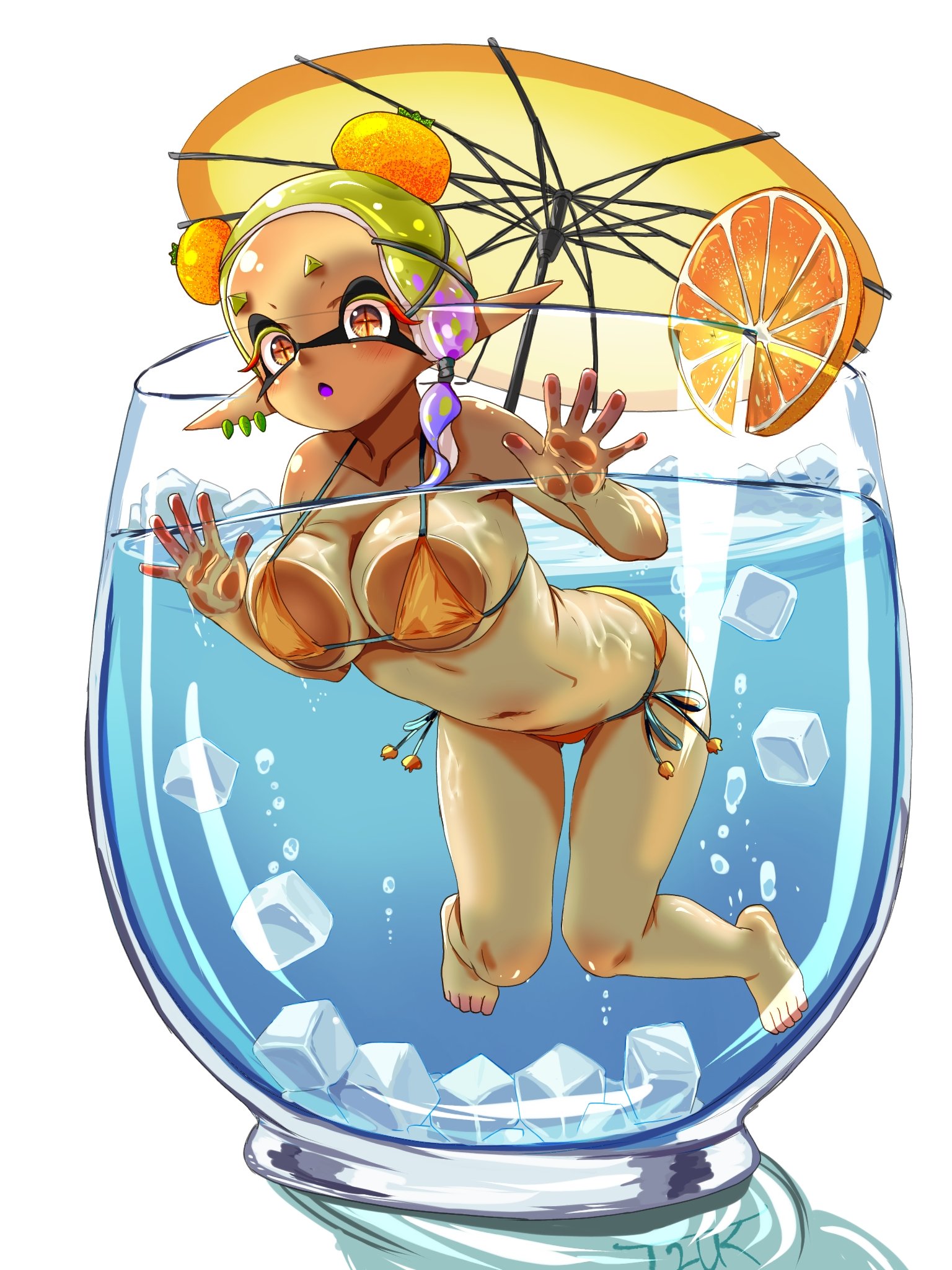 1girls, bikini, dark-skinned female, deep cut (splatoon), drink, female, frye (splatoon), frye onaga, glass, inkling, lemon, micro, splatoon, splatoon (series), splatoon 3, summer, swimsuit, t2ukmyjm, twitter link, twitter username