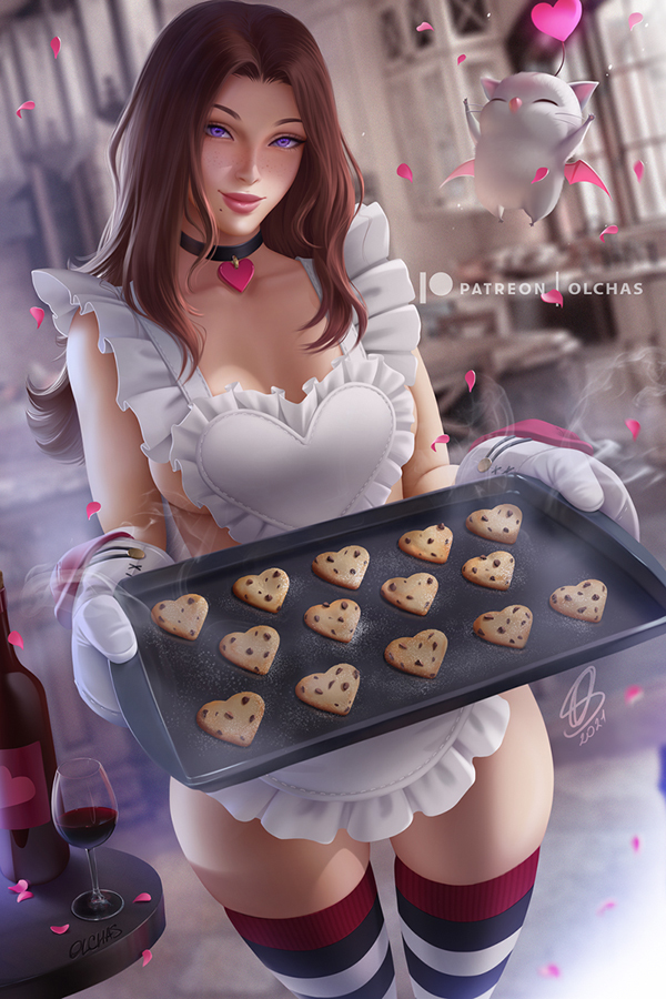 apron, apron only, avalon (olchas), baking, brown hair, choker, cookie, cookies, heart apron, heart choker, maid outfit, olchas, purple eyes, tagme, thigh gap, thigh highs, valentine's day, wine, wine bottle, wine glass