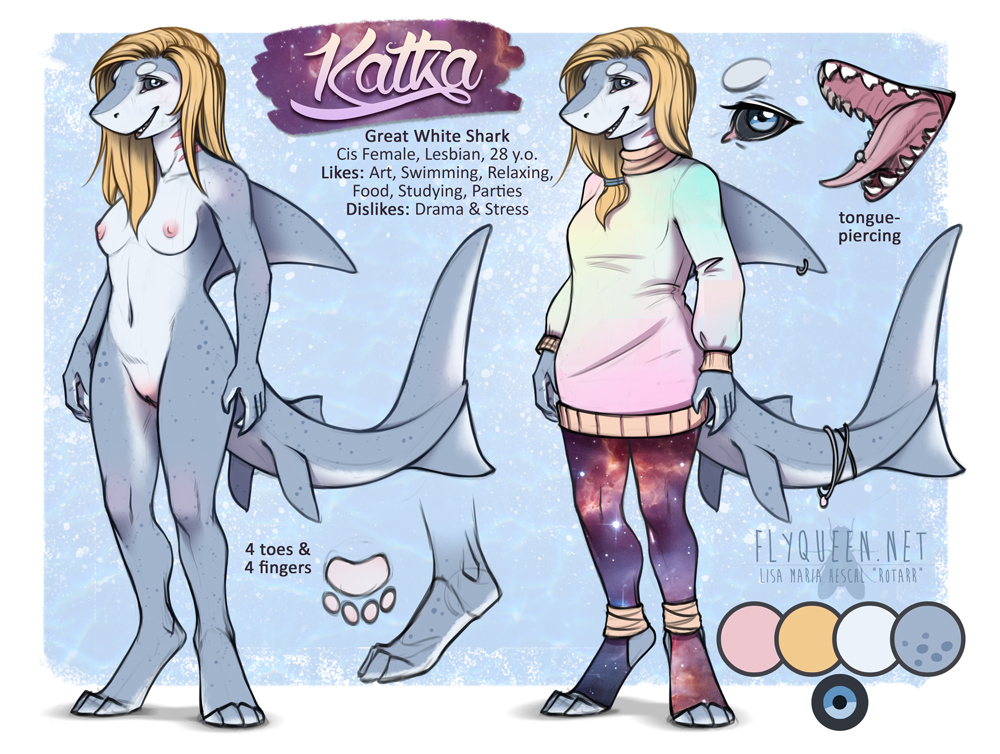 anthro areola breasts clothed clothing english_text female fish looking_at_viewer marine model_sheet multiple_images nipples nude pussy rotarr shark small_breasts smile solo standing text