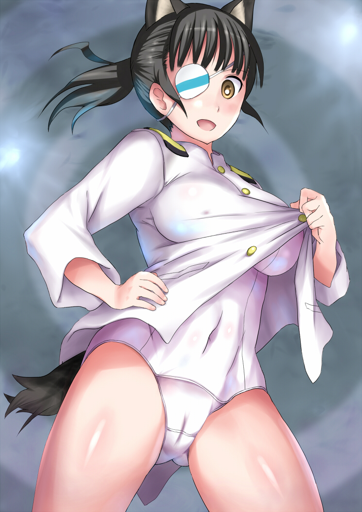 1girls animal_ears big_breasts black_hair blush breasts brown_eyes cameltoe clothing dog_ears eye_patch eyewear female humanoid large_breasts mammal mozuuku one-piece_swimsuit open_mouth pose sakamoto_mio short_hair solo strike_witches swimsuit undressing voluptuous