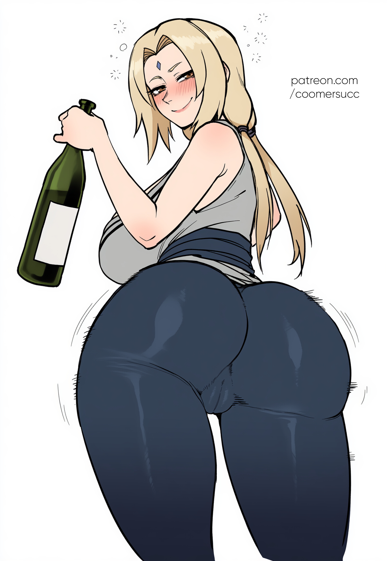 1girls, ai generated, alcohol, ass, ass focus, big ass, big breasts, blonde hair, blush, bottle, breasts, coomersucc, drunk, facial mark, female, female only, forehead mark, huge ass, huge breasts, light-skinned female, long hair, looking at viewer, looking back, naruto, naruto (series), pants, skin tight, smile, solo, tight clothing, tsunade, white background, wine bottle