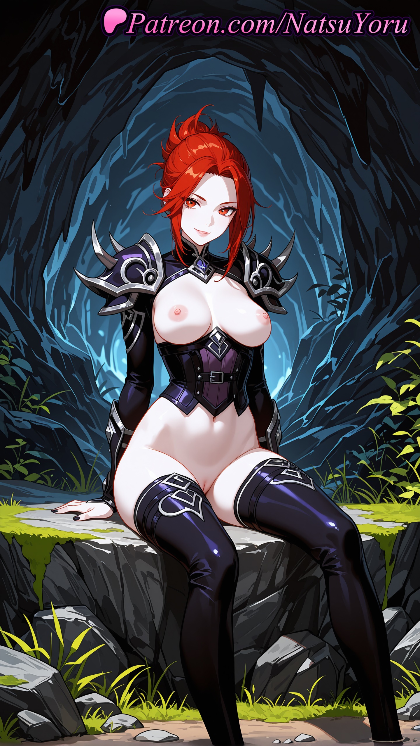 1girls, 2025, ai generated, armor, assumi, black nails, black thighhighs, bottomless, breastless clothes, breasts, breasts out, corset, erect nipples, female, genitals, hard nipples, hi res, highres, looking at viewer, nail polish, natsuyoru, navel, nipples, outdoors, patreon, pauldrons, pussy, pussy juice, red eyes, red hair, rock, shoulder armor, shrug (clothing), sitting, smile, solo, thighhighs, tight pussy, uncensored, voluptuous, voluptuous female, world of warcraft, wow
