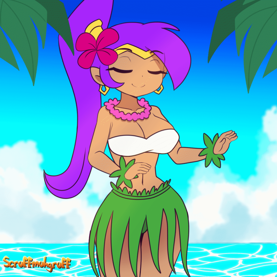 1girls, animated, beach, bikini bottom, closed eyes, clothed, cute, dancing, dark-skinned female, female, female only, flower in hair, grass skirt, halter top, happy, happy female, high ponytail, hip sway, hula, lei, polynesian, scruffmuhgruff, shantae, shantae (character), solo, standing, thick thighs, tiara, tropical setting, water