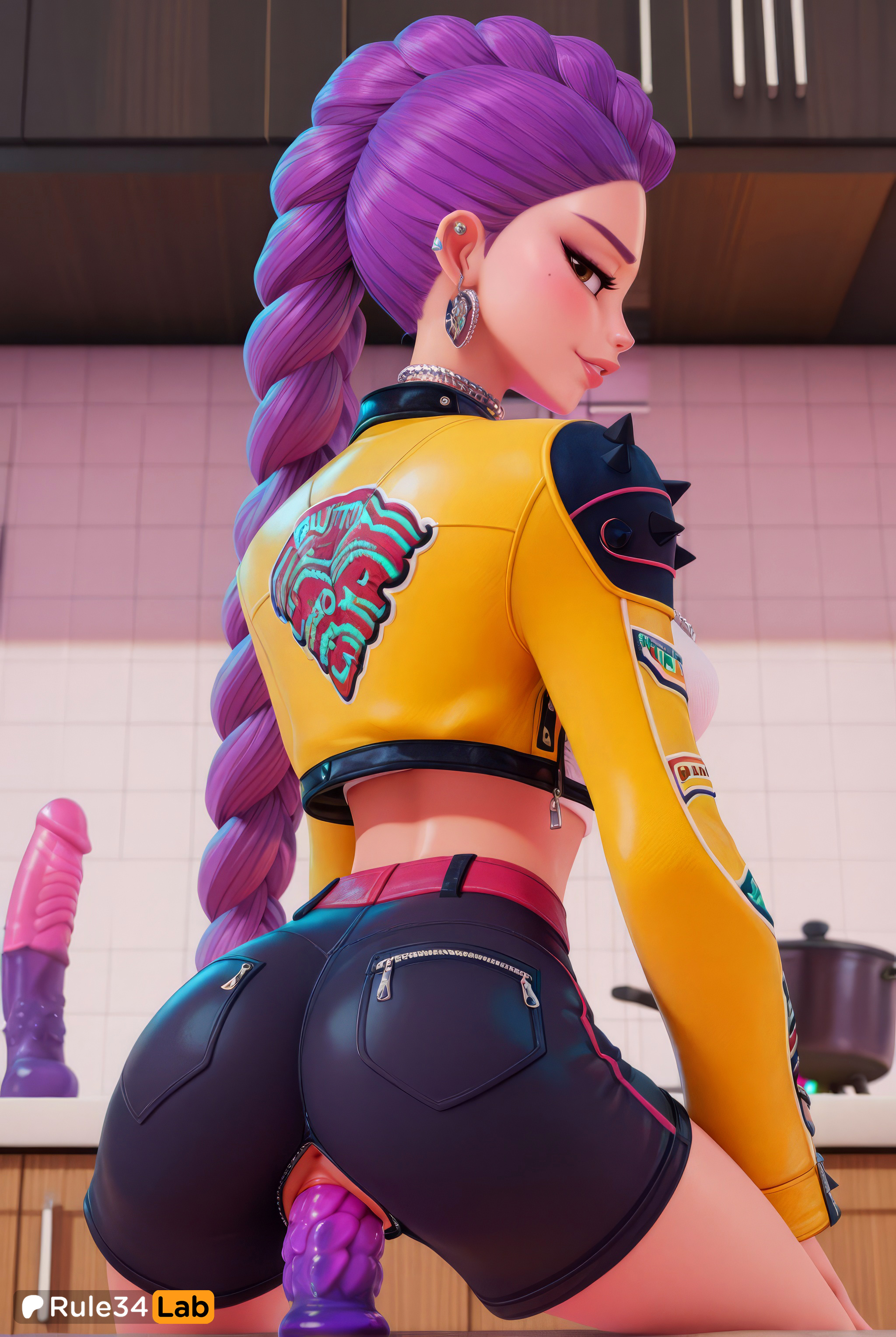 1girls, ai generated, anus, artist name, ass, belt, black shorts, braid, braided ponytail, breasts, brown eyes, choker, crop top, cropped jacket, dildo, dildo in pussy, dildo insertion, dildo on counter, dildo riding, dragon dildo, ear piercing, earrings, female, female masturbation, female only, from behind, hi res, indoors, jacket, jewelry, kitchen, kpop demon hunters, long hair, long sleeves, looking at viewer, looking back, makeup, masturbation, multicolored dildo, netflix, object insertion, piercing, purple hair, pussy, riding dildo, rule34lab, rumi (kpop demon hunters), shorts, single braid, smile, solo, squatting on dildo, torn clothes, torn shorts, two dildos, vaginal insertion, vaginal masturbation, vaginal object insertion, vaginal penetration, yellow jacket