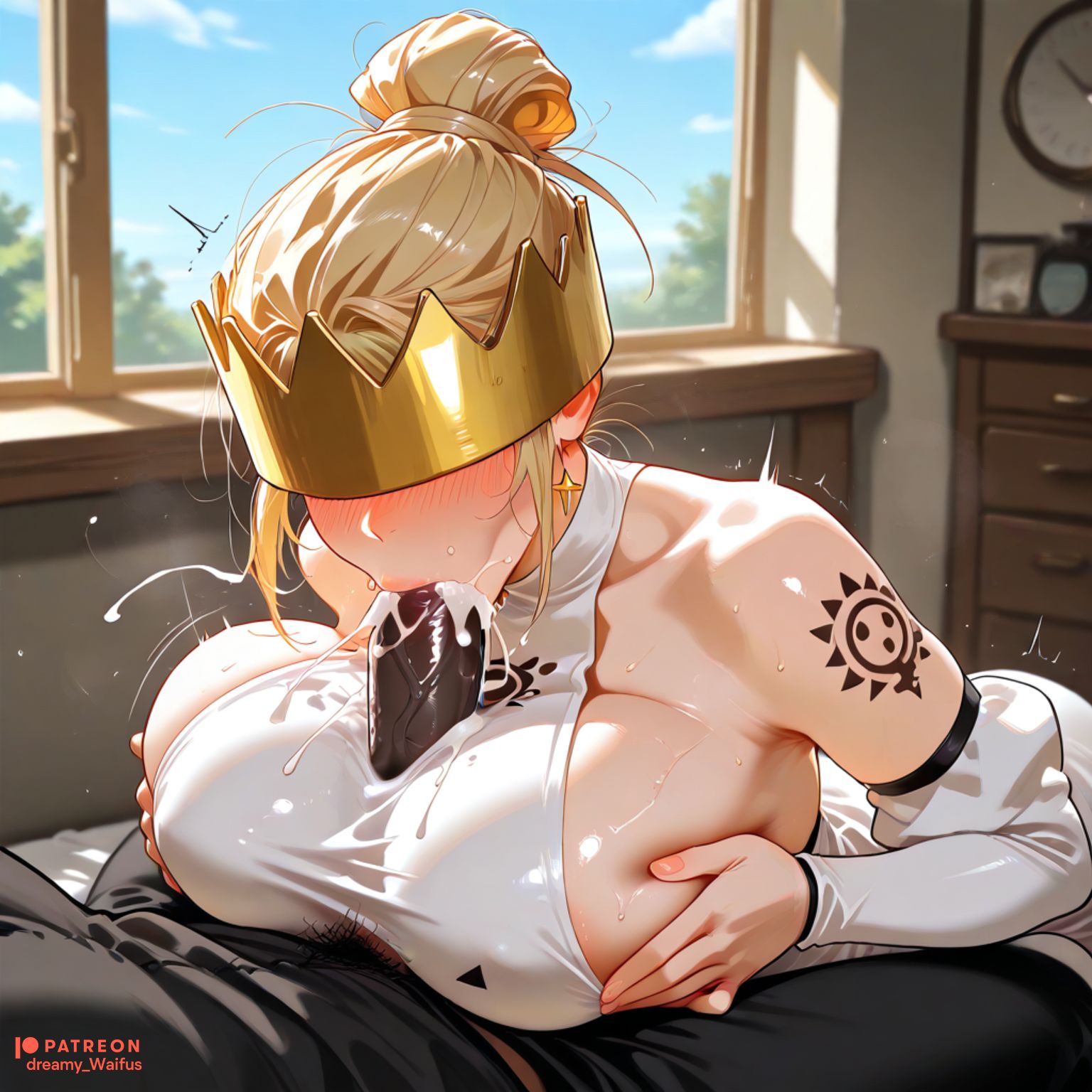 1boy, ai generated, artist name, bare shoulders, blonde hair, blue sky, blush, breasts, breasts squeezed together, clock, cloud, cross earrings, crown, cum, cum in mouth, dark skin, dark-skinned male, day, detached sleeves, dreamy waifus, dress, earrings, ejaculation, enen no shouboutai, fellatio, female, fire force, hair bun, haumea (enen no shouboutai), haumea (fire force), huge breasts, indoors, jewelry, large breasts, male, male pubic hair, oral, paizuri, paizuri under clothes, penis, pubic hair, saliva, sideboob, single hair bun, sky, solo focus, straight, stray pubic hair, sweat, tattoo, uncensored, veins, veiny penis, white dress, window