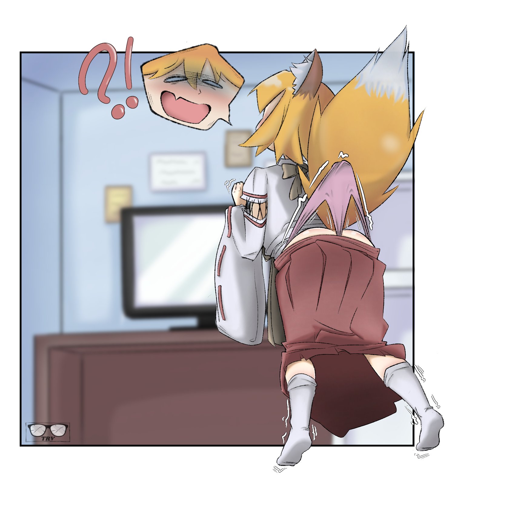 ?!, 1girls, 2025, animal ears, ass, bl4ckc0ffee19, blonde hair, blush, female, fox ears, fox girl, fox tail, hanging wedgie, long skirt, motion lines, no shoes, open mouth, panties, panty pull, pink panties, senko (sewayaki kitsune no senko-san), sewayaki kitsune no senko-san, skirt, socks, surprised, suspension, tagme, tail, wedgie