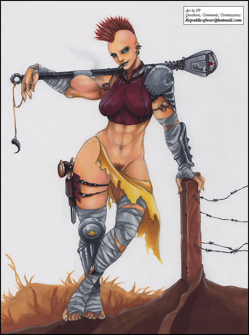 1girls, abs, arm wrapping, bottomless, eyeshadow, fallout, female, mace, mohawk, muscular, muscular female, pistol, pistol holster, pubic hair, raider (fallout), smoking pipe, unconvincing armor, vp, weapon, weapon over shoulder