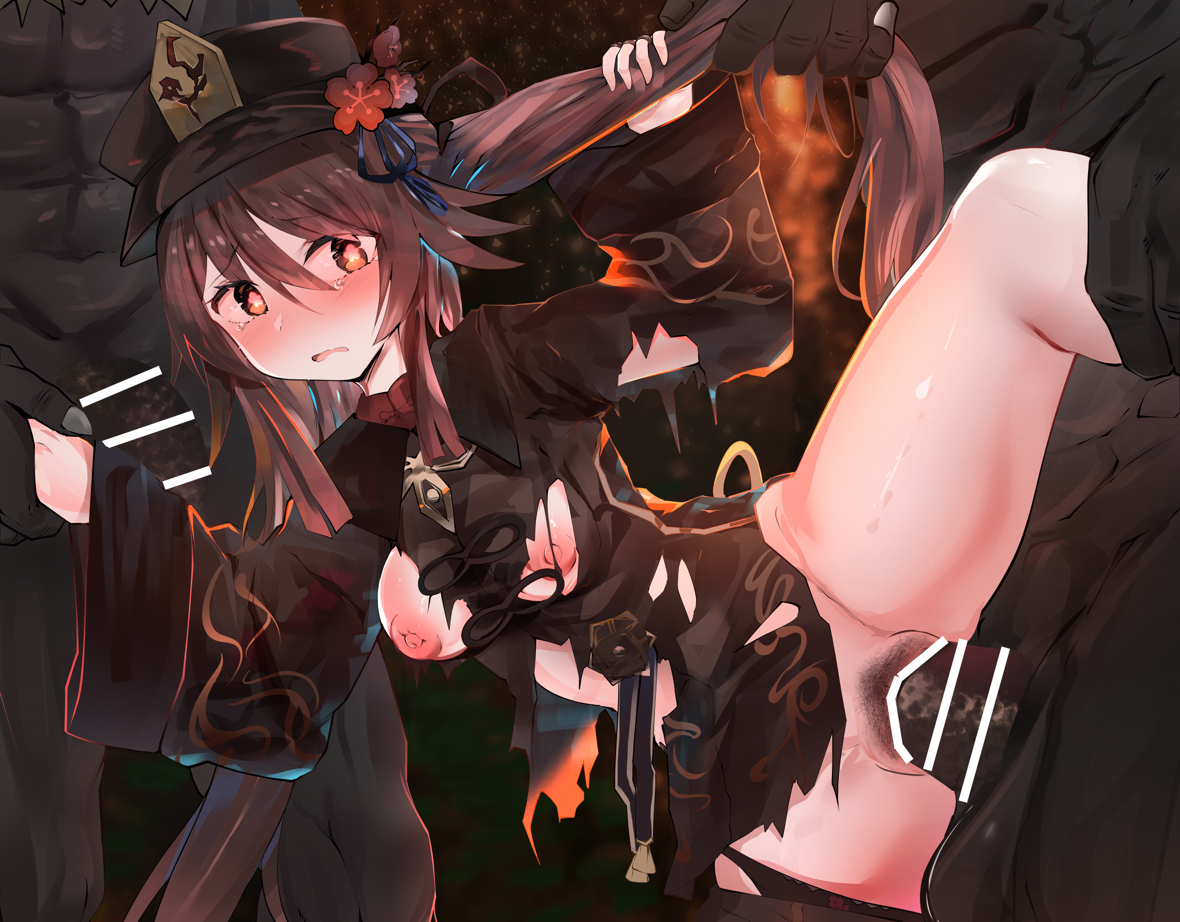 breasts, censor bar, censored, dark-skinned male, female, genshin impact, hilichurls (species), hu tao (genshin impact), imminent rape, male, multiple boys, multiple males, multiple penises, penis, rape, scared expression, tears, torn clothes, twintails, ugly bastard, uranouraras