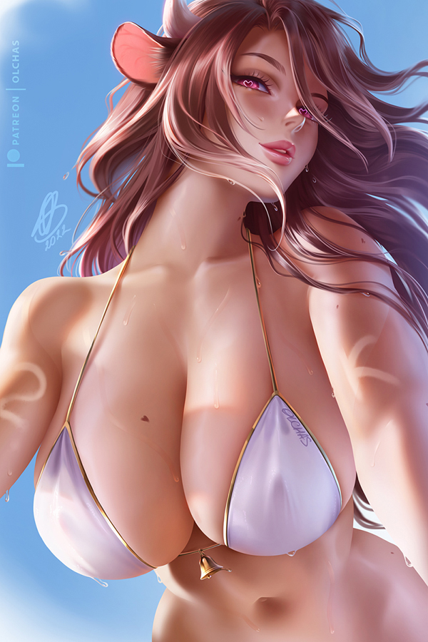 big breasts, bra, breasts, brown hair, cow ears, female, heart eyes, heart pupils, heart shaped pupils, horn, horns, large breasts, mui (olchas), olchas, pink eyes, summer, tagme, wet, white bra