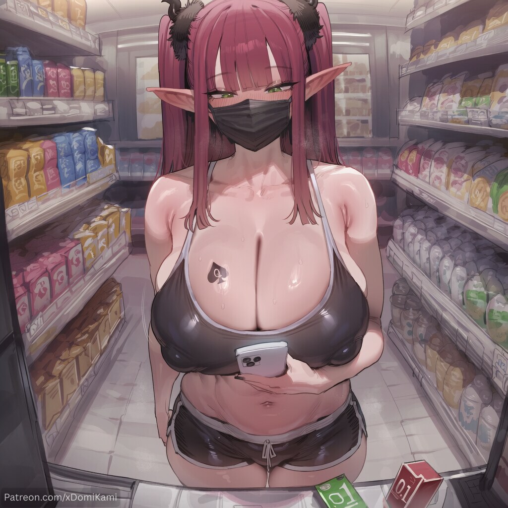 1boy, 1girl, 2026, 2d, absurd res, absurd resolution, absurdres, ai generated, bare shoulders, black shorts, blunt bangs, blush, brand name imitation, breasts, cellphone, cleavage, collarbone, condom box, convenience store, covered nipples, green eyes, hi res, high quality, high resolution, highres, holding, holding phone, huge breasts, image, indoors, kitagawa marin, large breasts, long hair, looking at viewer, mask, mouth mask, my dress up darling, navel, netorare, ntr, patreon, patreon username, phone, pink hair, pointy ears, qos, qos tattoo, red hair, shop, short shorts, shorts, sidelocks, smartphone, solo, sono bisque doll wa koi wo suru, sports bra, standing, stomach, sweat, tattoo, thighs, twintails, two side up, uncensured, watermark, xdomikami