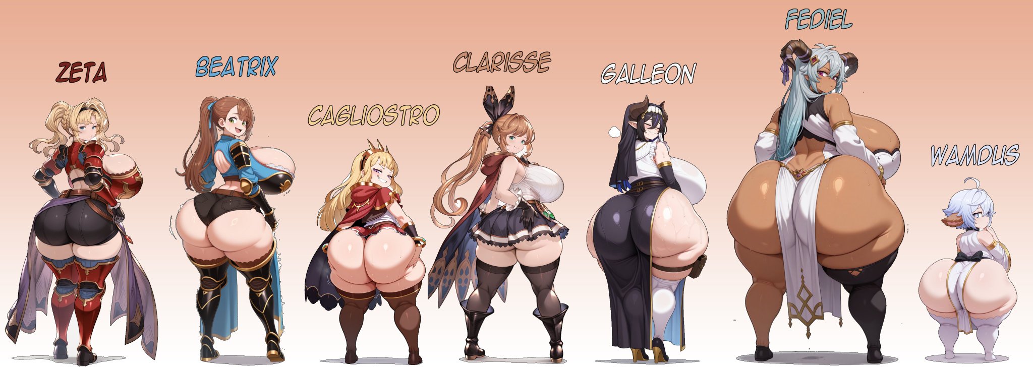 7girls, ai generated, ass, beatrix (granblue fantasy), big ass, big breasts, big thighs, breasts, bust, busty, cagliostro (granblue fantasy), chest, clarisse (granblue fantasy), curvaceous, curvy, curvy figure, daidouji (artist), daidoujipv, digital media (artwork), enormous ass, enormous breasts, fat ass, fediel (granblue fantasy), female, galleon (granblue fantasy), gigantic ass, gigantic breasts, granblue fantasy, hips, hourglass figure, huge ass, huge breasts, huge thighs, large ass, large breasts, large thighs, legs, massive ass, massive breasts, mature, mature female, multiple females, multiple girls, slim waist, thick, thick ass, thick hips, thick legs, thick thighs, thighs, voluptuous, waist, wamdus (granblue fantasy), wide ass, wide hips, wide thighs, zeta (granblue fantasy)