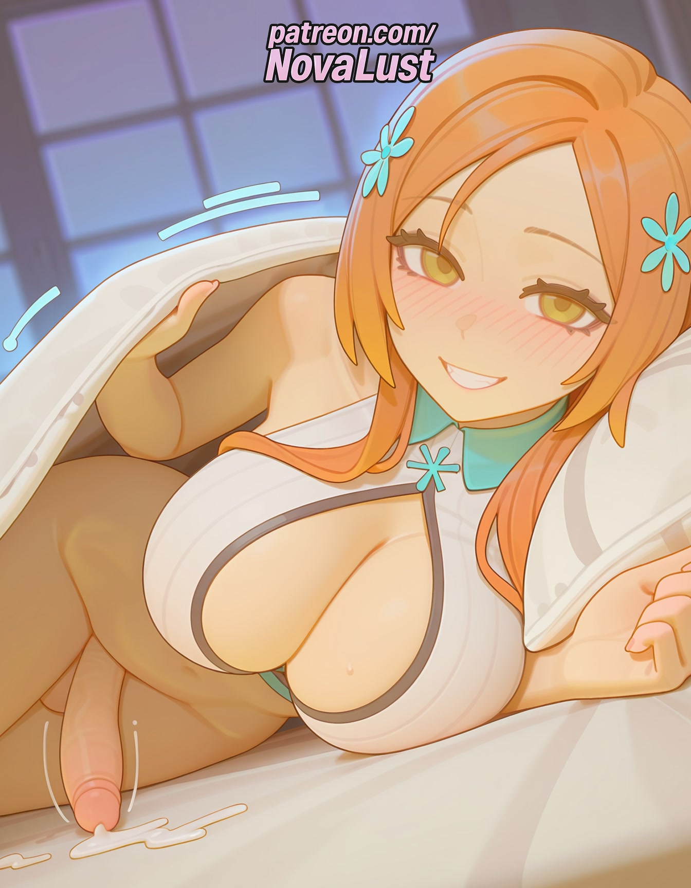 1futa, 2025, ai generated, artist name, balls, big breasts, big chest, bleach, blush, breasts, bust, busty, chest, cleavage, cleavage cutout, cock, cum, cum while penetrated, dick, ejaculation, erection, foreskin, futanari, hair flower, hair ornament, hi res, high quality, high resolution, highres, inoue orihime, intersex, inviting under covers, large breasts, looking at viewer, lying, novalust, patreon, patreon username, penis, smile, stable diffusion, testicles, throbbing penis, uncensored, uncircumcised, under covers, watermark, yellow eyes