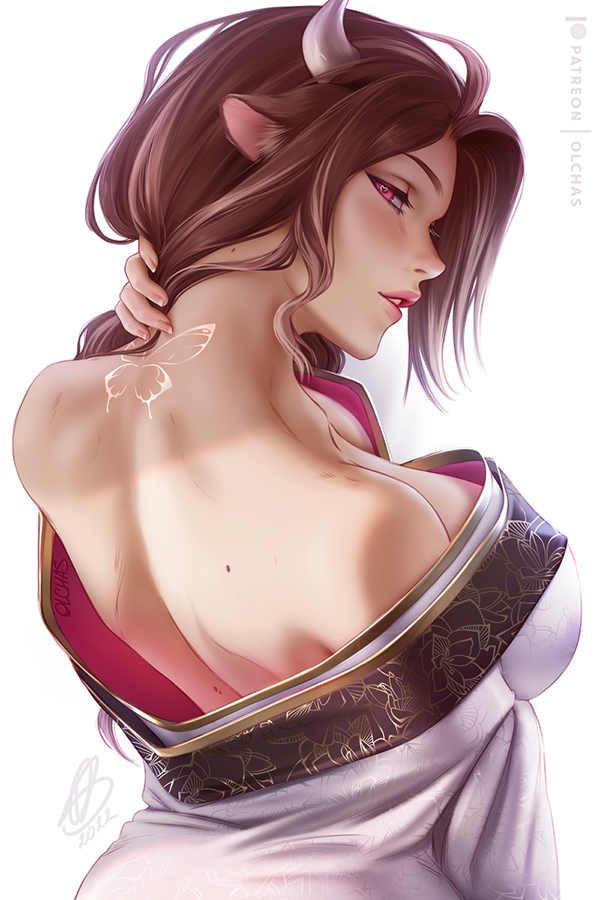 asian clothing, brown hair, clothed, clothing, cow ears, heart eyes, heart-shaped pupils, horn, horns, loose clothes, mui (olchas), olchas, open mouth, pink eyes, tagme