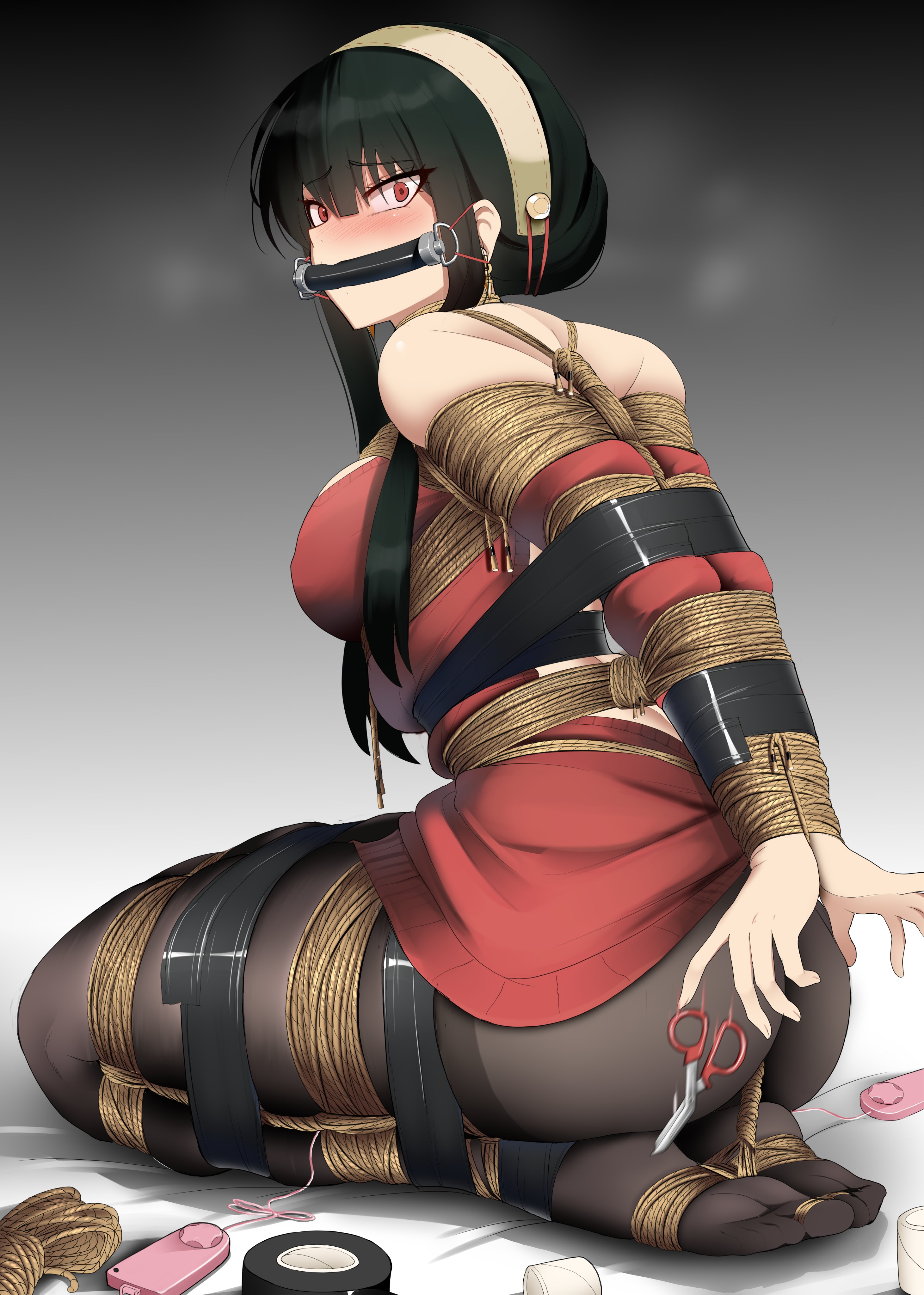 absurdres, arms behind back, ass, bagelbomb, bit gag, black hair, blush, bondage, bound, bound arms, bound legs, breasts, commentary, english commentary, female, gag, gagged, hairband, highres, kneeling, large breasts, looking at viewer, pantyhose, red eyes, remote control vibrator, rope, scissors, seiza, sex toy, sitting, solo, spy x family, sweat, thighs, toes tied, vibrator, white hairband, yor briar