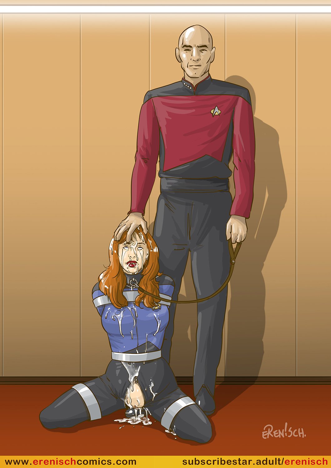 1girls, 2d, arms behind back, beverly crusher, bondage, bound, breasts, broken, collar, covered in cum, crotch zipper, cum, erenisch, female, femsub, ginger, hairless pussy, human, jean-luc picard, kneeling, leash, lipstick, makeup, male, maledom, presenting, pussy, star trek, star trek the next generation, starfleet uniform, submissive female, uniform