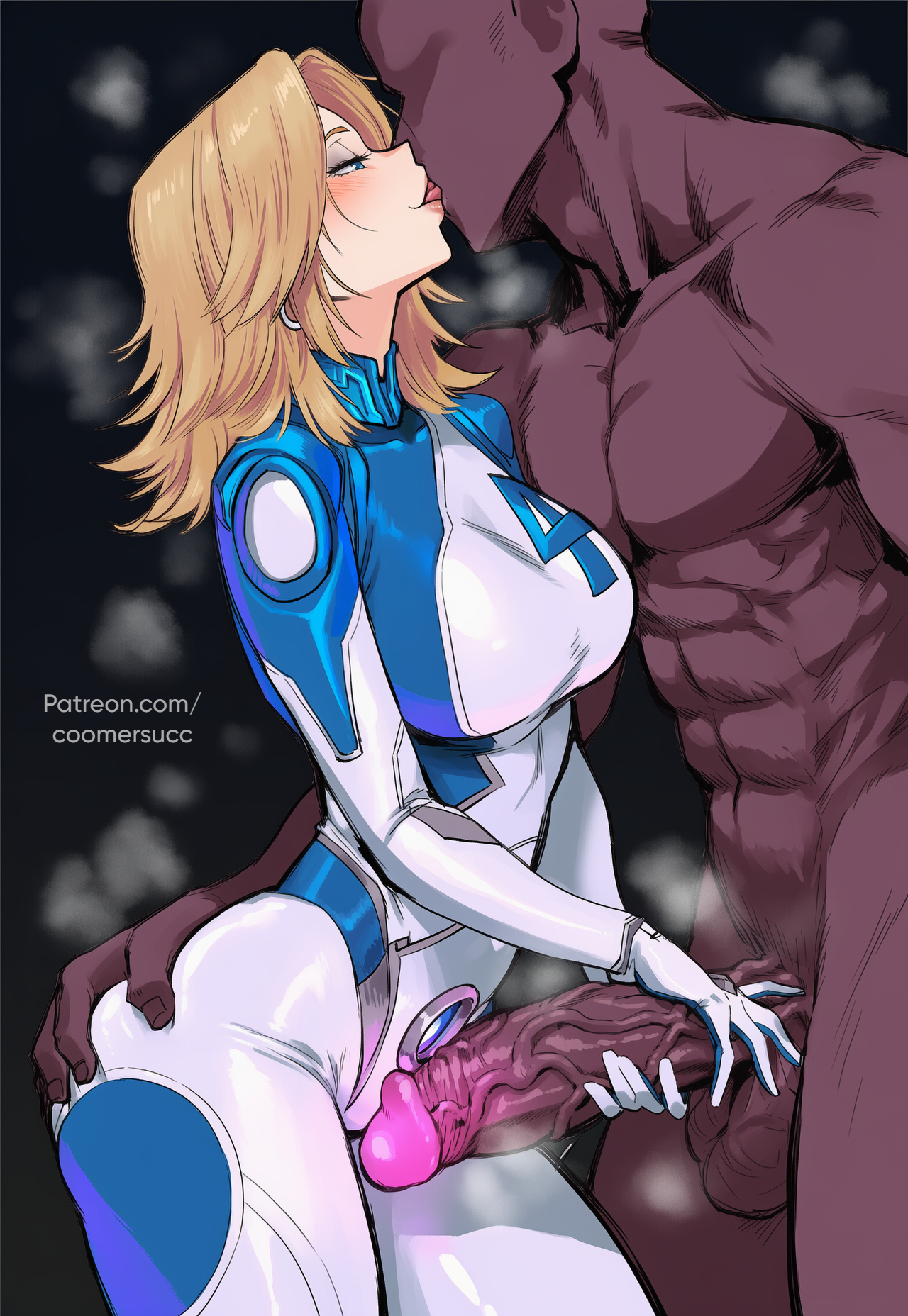 1boy, 1girls, ai generated, big ass, big breasts, blonde hair, blue eyes, bodysuit, breasts, cheating, cheating female, cheating wife, coomersucc, dark skin, dark-skinned male, female, interracial, invisible woman, invisible woman (marvel rivals), light skin, light-skinned female, male, marvel, marvel comics, marvel rivals, sue storm