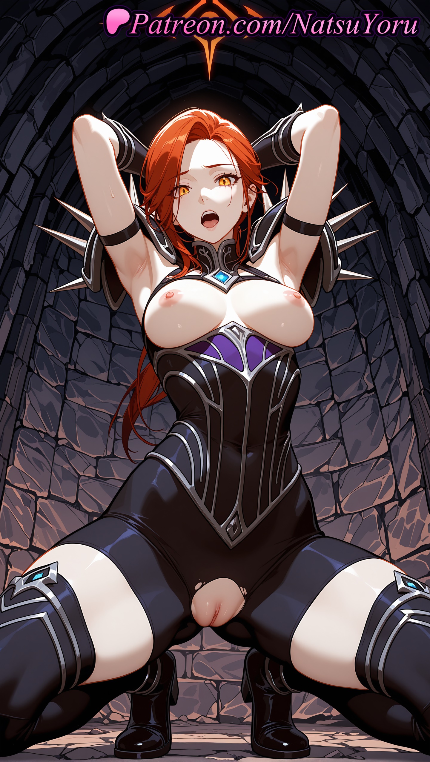 1girls, 2025, ai generated, armor, armpit, armpits, arms behind head, arms up, ass visible through thighs, assumi, bodysuit, boots, bound, breasts, breasts out, cleavage, erect nipples, female, genitals, hard nipples, hi res, high heels, highres, long hair, looking at viewer, natsuyoru, nipples, open mouth, orange eyes, orange hair, patreon, pussy, red hair, solo, spikes, spread legs, squatting, teeth, thigh boots, thighhighs, tight pussy, torn clothes, vagina, voluptuous, voluptuous female, world of warcraft, wow
