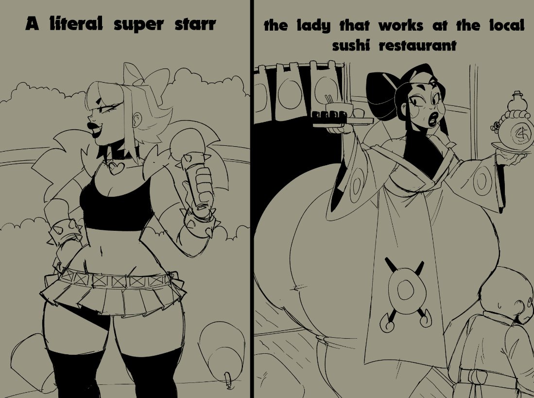 asian, asian female, average, brawl stars, bumping, elpiromanias, fat ass, fat butt, female, japanese clothes, kaze (brawl stars), kimono, melodie (brawl stars), sushi, wide hips