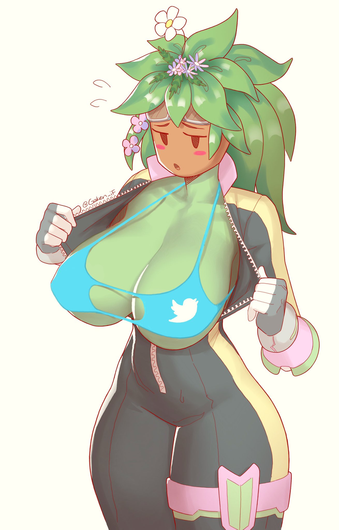 big breasts, big nipples, black bodysuit, blaster master, blaster master zero, blaster master zero 2, blush stickers, bodysuit, breasts, censored, colored skin, female, female only, flower, flower on head, gaken if, green hair, green skin, highres, huge breasts, kanna (blaster master), large breasts, monster girl, solo female, twitter