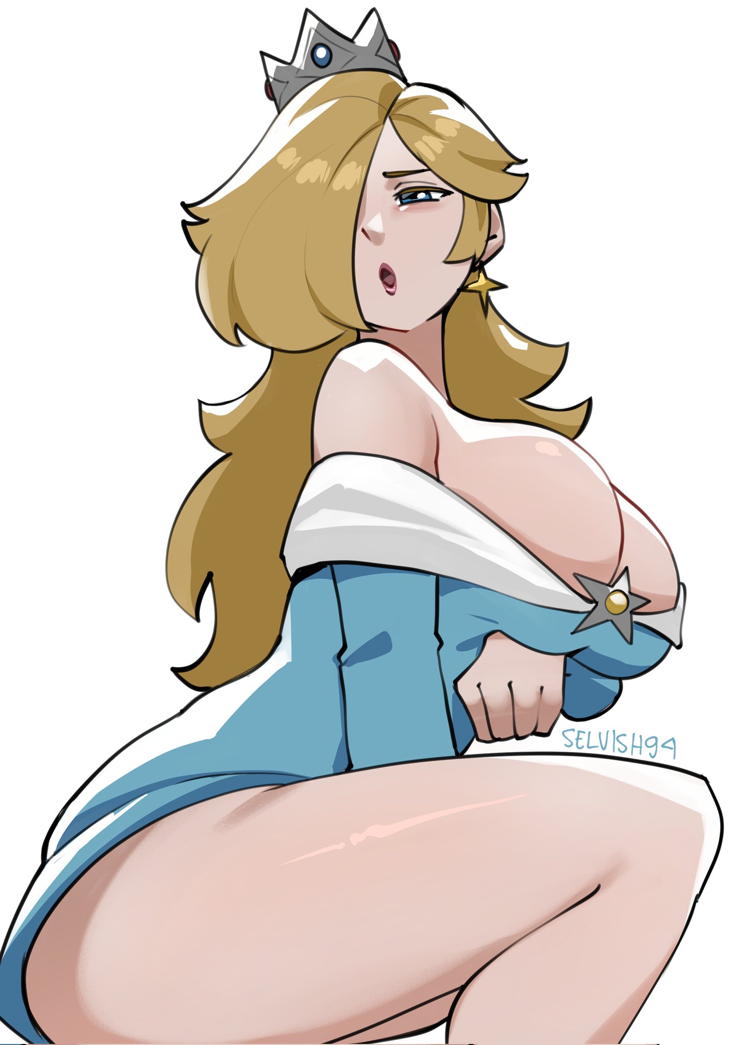 1girls, arm under breasts, artist name, bare shoulders, blonde hair, blue dress, blue eyes, breasts, cleavage, crown, dress, dress lift, earrings, female, hair covering eye, large breasts, long hair, looking at viewer, mario (series), nintendo, princess rosalina, selvish94, silver crown, simple background, solo, solo female, solo focus, strapless, strapless dress, super mario galaxy, thick thighs, thighs, white background