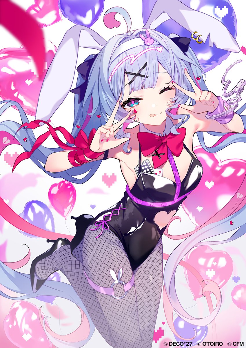 1girl, 1girls, ahoge, animal ears, balloon, bangs, bare shoulders, black footwear, black leotard, blue eyes, blue hair, bow, bowtie, breasts, bunnysuit, card, detached collar, double v, fake animal ears, female, fishnet pantyhose, fishnets, hair ornament, hairband, hairclip, hatsune miku, heart, heart balloon, heart cutout, heart-shaped pupils, high heels, leotard, long hair, looking at viewer, multicolored hair, nail polish, one eye closed, pantyhose, pink nails, pink ribbon, playboy bunny, rabbit ears, rabbit hole (vocaloid), ribbon, saine, small breasts, smile, solo, strapless, strapless leotard, symbol-shaped pupils, tagme, thigh strap, tongue, tongue out, twintails, v, very long hair, virtual youtuber, vocaloid, w, x hair ornament