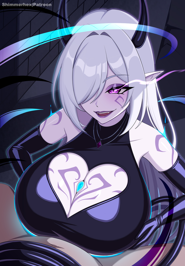 1boy, 1girls, breasts, chest tattoo, cleavage cutout, demon girl, demon horns, demon tail, draining, draining energy, draining life-force, draining vitality, evil grin, eyeshadow, face tattoo, female, glowing eyes, hair over one eye, heart cutout, huge breasts, large breasts, latex, latex clothing, latex gloves, lipstick, long hair, male, necklace, original, paid reward available, paizuri, paizuri lead by female, paizuri under clothes, pointed ears, purple eyes, shimmerhex, white hair