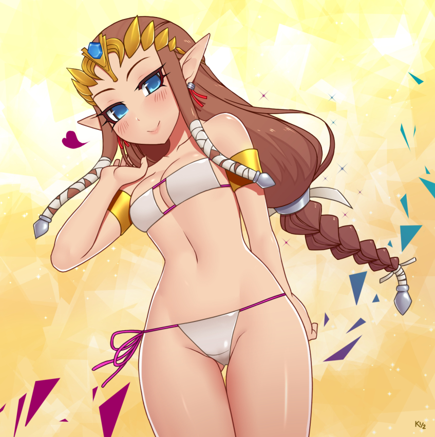 1girls bikini blue_eyes breasts brown_hair dutch_angle earrings eyepatch_bikini female hair_ornament kuroonehalf long_hair looking_at_viewer looking_down medium_breasts midriff navel nintendo princess_zelda side-tie_bikini side-tie_swimsuit solo swimsuit the_legend_of_zelda tiara twilight_princess white_bikini white_swimsuit zelda_(twilight_princess)