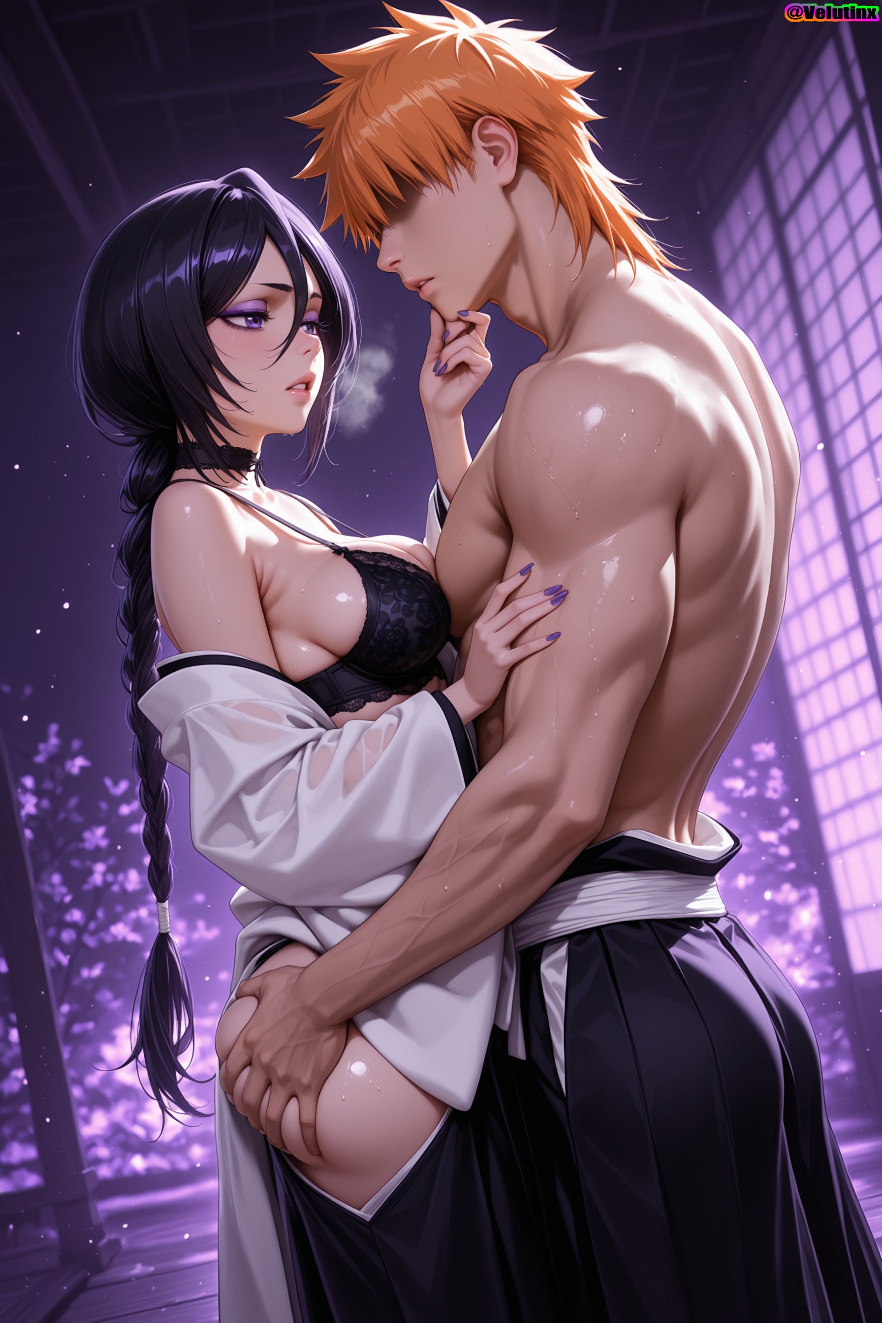 1boy, 1girls, absurd res, absurd resolution, absurdres, adult, ai generated, alternate costume, armpits, ass, ass grab, bangs, barefoot, big ass, big breasts, black bra, black hair, black panties, bleach, bleach: the thousand-year blood war, braid, breast squeeze, breasts, child bearing hips, choker, collarbone, curvy, deep skin, duo, female, hakama, haori, hi res, high quality, high resolution, highres, hourglass figure, hourglass figured female, huge ass, huge breasts, ichigo kurosaki, kimono, kuchiki rukia, laced underwear, light-skinned female, light-skinned male, lipstick, long braid, long hair, makeup, male, nipple slip, paid reward available, purple eyes, purple hair, purple nail polish, see-through, see-through clothing, side slit, sideboob, skindentation, sleeveless, sultry eyes, undressing, velutinx, very long hair, visible breath, voluptuous, voluptuous body, voluptuous female, watermark, wet, wet body, wet clothes, wide hips