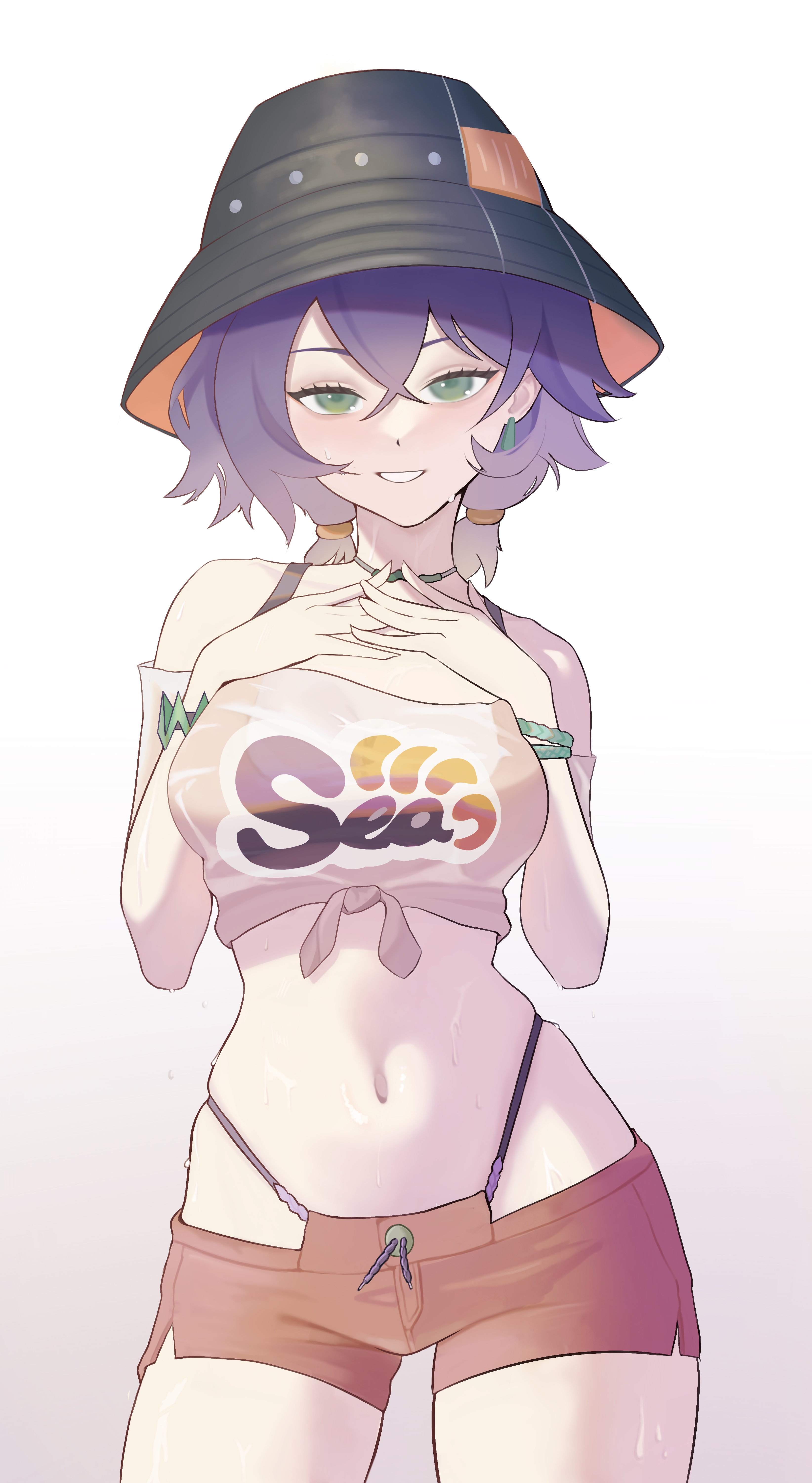 1girls, absurd res, belle (summer skies) (zenless zone zero), belle (zenless zone zero), blue hair, breasts, bucket hat, cowboy shot, dark blue hair, female, female focus, female only, hat, highres, medium breasts, midriff, navel, official alternate costume, orange shorts, parted lips, see-through, see-through clothing, short hair, shorts, simple background, smile, smiling, smiling at viewer, standing, swimsuit, t4chiee, teeth, twintails, white background, zenless zone zero