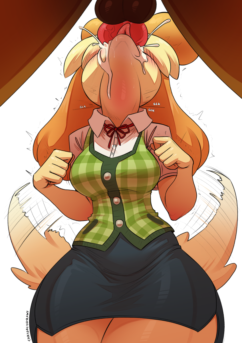 animal_crossing anthro biped bottomwear breasts canid canine canis chrysalisdraws clothed clothed_female clothing domestic_dog duo erection female fingers fur genitals hi_res isabelle_(animal_crossing) low-angle_view male male/female mammal nintendo nude_male oral oral_penetration penetration penile penile_penetration penis sex simple_background skirt tail tail_motion tailwag tan_body tan_fur white_background