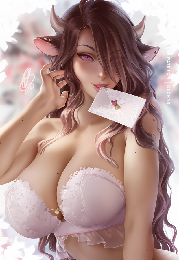 barely covered, big breasts, breasts, brown hair, cow ears, female, heart eyes, heart-shaped pupils, horn, horns, letter, mui (olchas), olchas, pink eyes, tagme, valentine's day, white bra