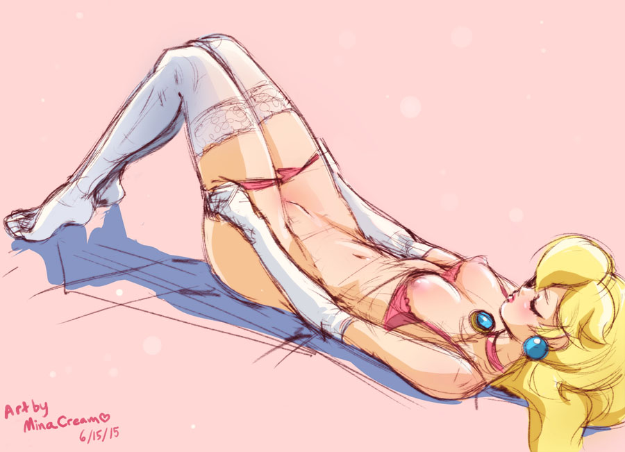 2015, artist name, blonde hair, bra, breasts, closed eyes, earrings, elbow gloves, female, gloves, jewelry, mario (series), minacream, navel, nintendo, nipples, panties, pink background, princess peach, solo, thighhighs, underwear, undressing